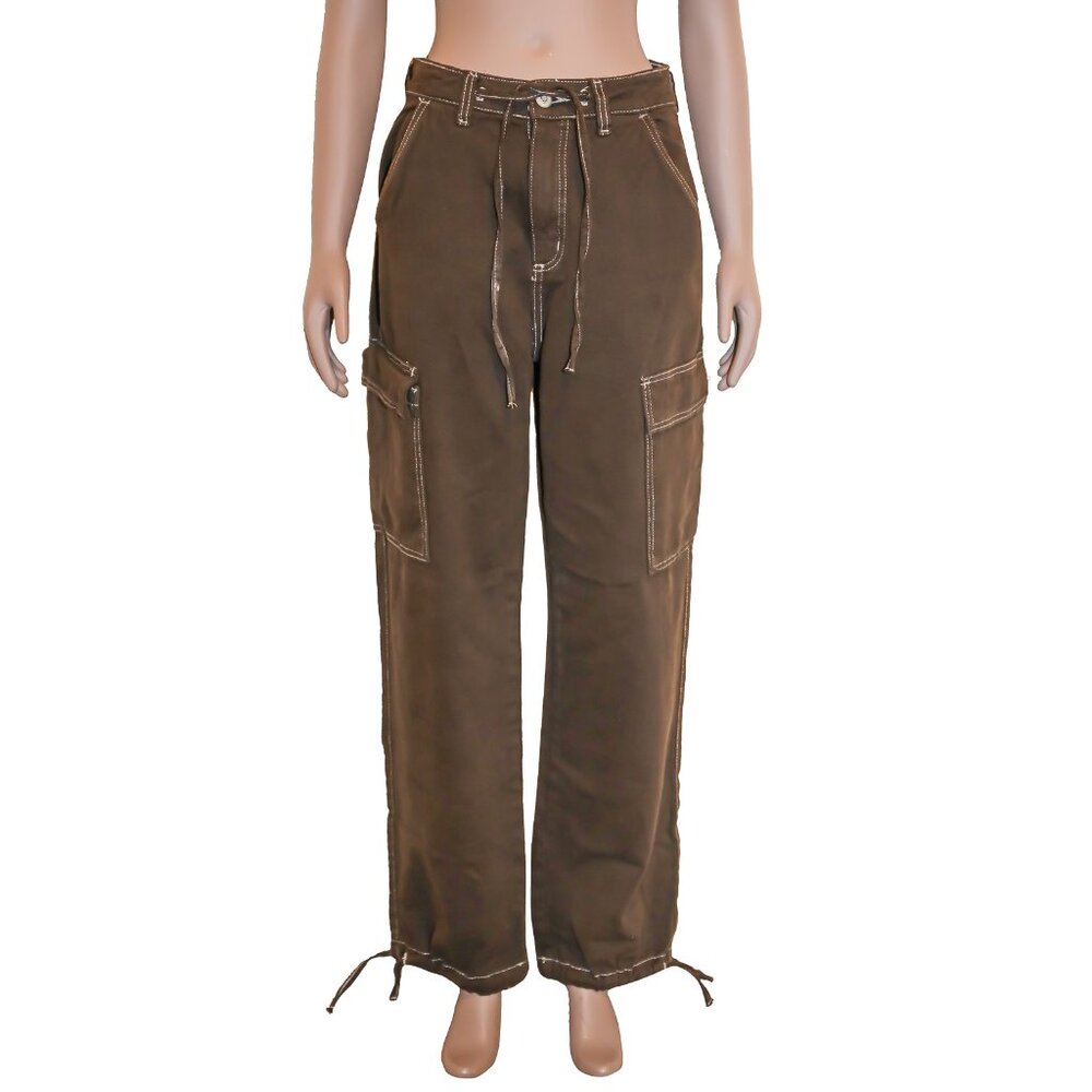 High-Waisted Brown Cargo Pants Cotton Utility Trousers Relaxed Fit Casual Jeans